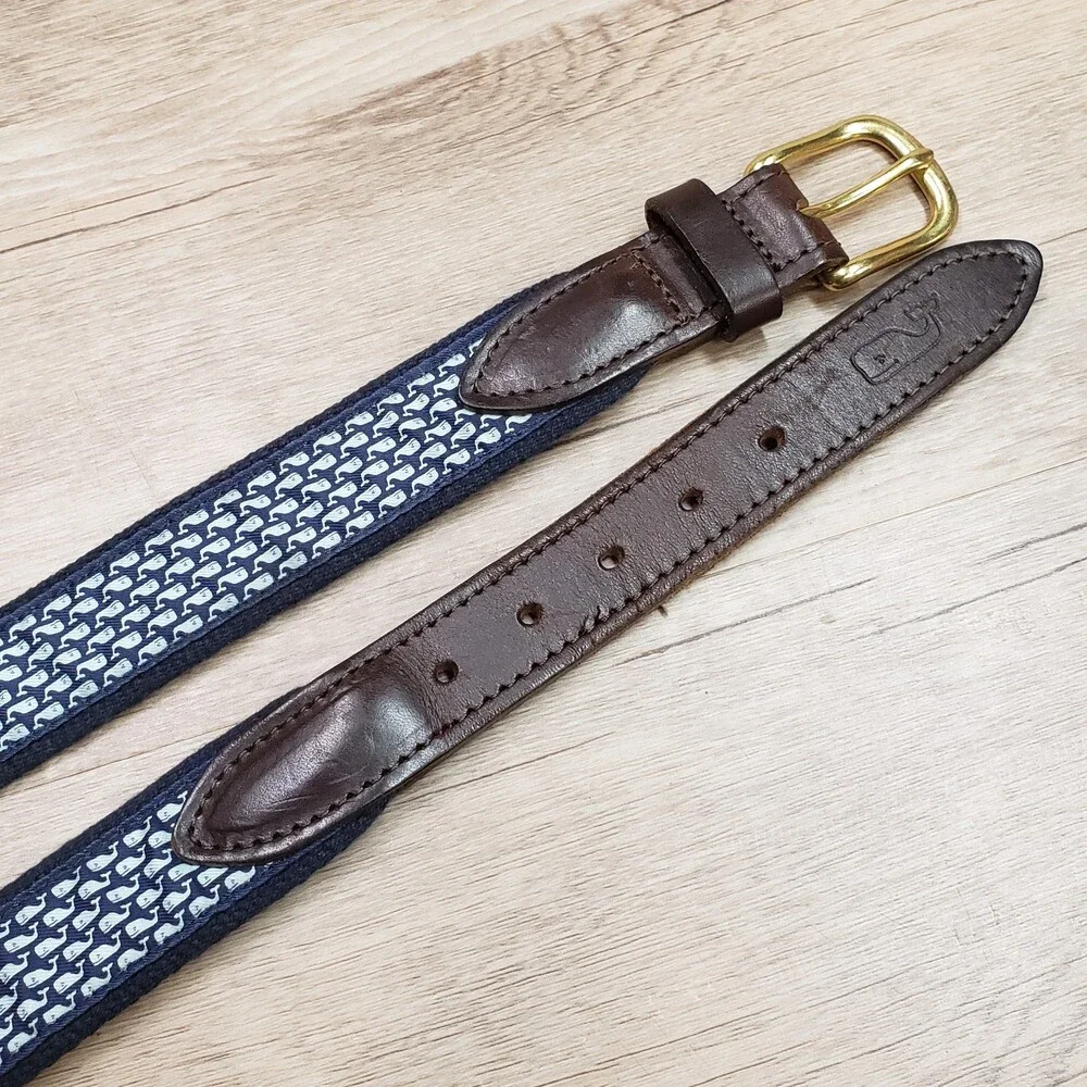 Vineyard Vines Blue Whale Logo Belt Nautical USA Leather Brass Men's Size 30